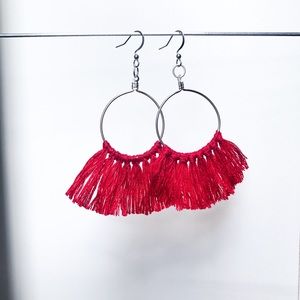 Cute red tassel hoop earrings